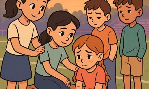 Léa, 8 ans, visage rond avec taches de rousseur et deux nattes châtain clair, assise sur un banc en bois, regarde tristement le sol, les mains serrées sur les genoux ; Alexis, ~9 ans, cheveux bruns courts, debout à droite avec deux copains qui chuchotent et rient, évite son regard ; Emma, 8 ans, cheveux noirs en queue de cheval, sourit doucement et pose la main sur l’épaule de Léa pour la réconforter ; Hugo, 8 ans, grand et mince, sourcils soucieux, se tient prêt à défendre son amie ; scène sur un terrain de sport au crépuscule avec gazon, lignes blanches, sac de sport près du banc et arbres en arrière-plan ; ambiance douce mais chargée, lumière chaude du soir, palette pastel, composition centrée sur l’émotion de Léa.