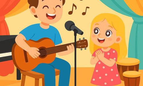 Un jeune homme nommé Léo, souriant, est assis sur une chaise en bois, jouant de sa guitare marron. Il a les cheveux bruns et bouclés, porte un t-shirt bleu et un jean. À côté de lui, une petite fille de six ans, aux cheveux blonds, l'écoute avec émerveillement, vêtue d'une robe rose à pois blancs. La scène se déroule dans une salle de musique chaleureuse, avec des murs colorés et des instruments autour. Léo chante une belle chanson, partageant sa passion avec la petite fille qui applaudit, remplissant la pièce de joie.