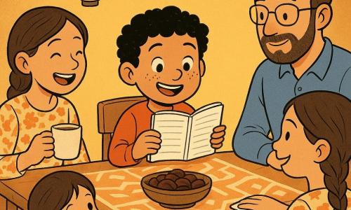 Un garçon de 6 ans, visage rond et cheveux bouclés, lit avec joie un petit carnet rayé que la famille regarde en souriant ; la mère (environ 35 ans) au chignon et tablier crème essuie la table à sa droite, le père (environ 38 ans) à barbe courte et lunettes l’observe avec tendresse en face, la grande sœur (11 ans) aux tresses et robe fleurie rit en tenant une tasse à gauche, la petite sœur (3 ans) joue à cache-cache sous la table près des pieds du garçon ; la scène intime se déroule le soir du Ramadan autour d'une table basse claire avec nappe géométrique, lanternes suspendues et lumière chaude, la composition centrée sur le carnet et les visages.