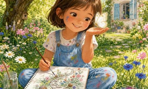 Léa, environ 8 ans, cheveux châtains courts, porte une salopette bleu clair tachée de peinture ; assise dans un jardin de printemps ensoleillé, elle tient un carnet de dessin et un pinceau, une goutte de peinture sur la joue. Un papillon blanc aux ailes translucides et reflets dorés se pose sur sa paume droite, près de son visage. Autour d'elle herbe verte parsemée de marguerites, bleuets et fleurs roses, un grand arbre aux branches courbes et une maison lointaine aux volets ouverts. Sur sa page, un trait noir maladroit devient une allée de cailloux décorée d'escargots et de fleurs ; aquarelles humides, pinceaux et carnet sont épinglés sur l'herbe. Style : couleurs vives et pastel, textures aquarelle et crayon, contours doux, doodles naïfs (étoiles, feuilles, cœurs), ambiance tendre et optimiste.