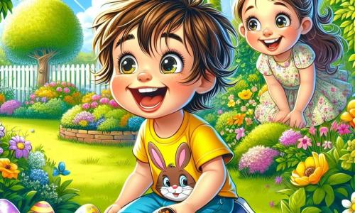 Léo, un petit garçon de 4 ans aux cheveux bruns en bataille et aux yeux pétillants, est accroupi dans un jardin verdoyant, souriant. Il porte un t-shirt jaune avec un motif de lapin et un short bleu, tenant un œuf en chocolat brillant. Sa maman, une femme d'environ 30 ans avec de longs cheveux châtains en queue de cheval et une robe à fleurs, l'observe avec fierté près d'un grand arbre. Le jardin est rempli de fleurs colorées, de papillons et d'une pelouse bien entretenue, sous un ciel bleu. Léo cherche des œufs en chocolat dans l'esprit de Pâques, entouré d'œufs colorés cachés parmi les fleurs et l'herbe.