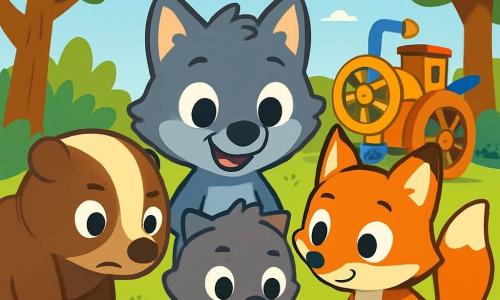 Léo, un petit loup aux yeux pétillants et au pelage gris, se tient au centre, souriant avec excitation tout en tenant un vieux livre aux pages jaunies. À ses côtés, Sophie, une renarde au pelage orange vif, l'observe avec émerveillement. Baptiste, un blaireau au pelage brun, se penche sur le livre avec concentration. La scène se déroule dans une clairière ensoleillée, entourée d'arbres majestueux et de fleurs colorées. Au fond, une machine à explorer en bois attend d'être utilisée. Les trois amis préparent leur machine pour une aventure dans la Forêt Interdite, remplis d'excitation et de curiosité.