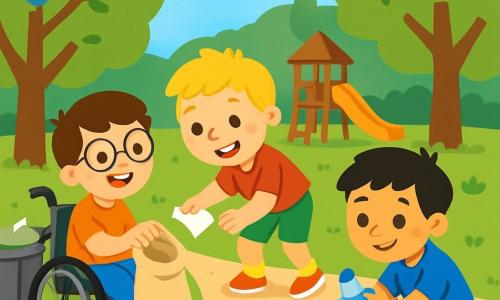 Il y a trois personnages : Tom, un garçon de 8 ans en fauteuil roulant, souriant avec un petit sac pour ramasser des papiers ; Jules, un garçon de 7 ans avec des cheveux blonds et des taches de rousseur, qui ramasse un papier par terre avec un grand sourire ; et Max, un garçon de 6 ans aux cheveux noirs, accroupi avec une bouteille d'eau, prêt à arroser une fleur. L'action se déroule dans un parc verdoyant avec des arbres majestueux, des fleurs colorées et une aire de jeux en bois. Les trois amis nettoient le parc : Tom ramasse des papiers, Jules les met dans un sac et Max arrose une fleur assoiffée, apportant vie et couleur à leur environnement.