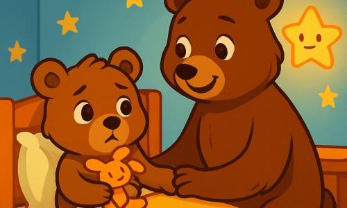 Petit Ours, un ourson en peluche doux, est assis sur son lit, avec un regard inquiet, serrant son doudou. Maman Ours, une grande ourse au pelage brun, est à ses côtés, lui tenant la patte avec tendresse. La chambre, petite et accueillante, a des murs bleu pastel, des étoiles dorées au plafond, et une veilleuse en forme d'étoile qui projette des ombres douces. Petit Ours ressent une légère peur du noir, tandis que Maman Ours lui parle doucement pour le rassurer, créant une atmosphère réconfortante.