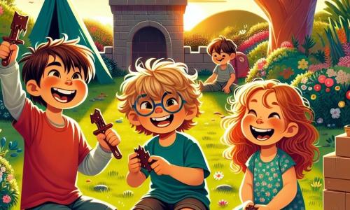 Trois amis, deux garçons de 8 ans et une fille de 7 ans, sont dans un jardin ensoleillé. Lucas, aux cheveux bruns et en t-shirt rouge, est accroupi avec une épée en plastique couverte de chocolat. Tom, blond avec des lunettes et en t-shirt bleu, rit en levant les bras comme un héros. Max, une fille aux cheveux châtains et bouclés, en robe à fleurs, est assise sur l'herbe avec un cookie. Le jardin est coloré, avec un grand arbre et une forteresse en bois faite de coussins. Au loin, le ciel s'illumine de nuances oranges et violettes. Ils sont en pleine bataille imaginaire, riant et jouant ensemble, dans une ambiance joyeuse.