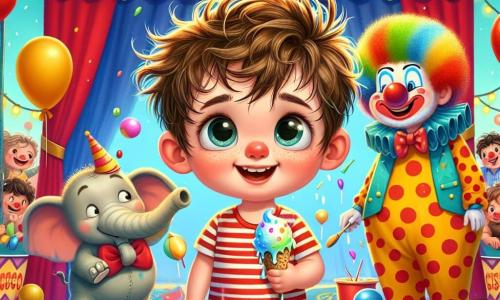 Un petit garçon de 2 ans, Max, avec des cheveux bruns en désordre et de grands yeux pétillants, se tient au centre de l'image, souriant. Il porte un t-shirt rouge à rayures et un short bleu, tenant une glace fondante. À côté de lui, Coco le clown, un homme d'environ 30 ans avec un gros nez rouge et des cheveux colorés, jongle avec des balles multicolores, vêtu d'un costume à pois et de grandes chaussures. En arrière-plan, un chapiteau de cirque rouge et jaune s'élève sous un ciel bleu, avec des ballons flottants et des lumières scintillantes. Max rit en regardant Coco, tandis qu'un éléphant éclabousse de l'eau avec sa trompe, ajoutant à l'atmosphère festive.