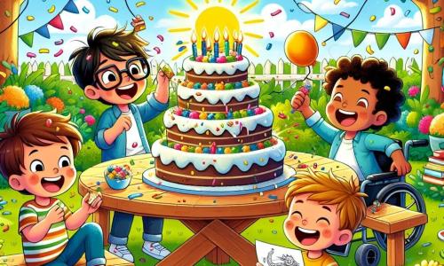 Dans un jardin ensoleillé, quatre amis sont réunis autour d'une grande table en bois. Lucas, 8 ans, sourit avec un morceau de gâteau, Max, 9 ans, rit en lançant un morceau de gâteau à Tom, qui est en fauteuil roulant et sourit entouré de ballons. Hugo, 7 ans, dessine un dragon. Le jardin est coloré avec des fleurs et des confettis, et un énorme gâteau est prêt à être dégusté. Les amis s'amusent dans une bataille de gâteaux, créant une ambiance joyeuse.