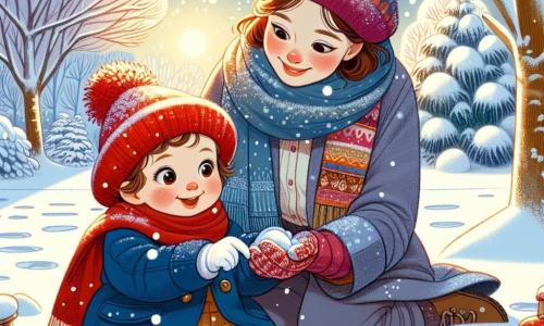 Une petite fille de 1 an, portant un bonnet rouge et un manteau bleu, est assise dans la neige, les yeux brillants et souriante. Elle ramasse de la neige, fascinée par sa texture. À côté d'elle, sa maman d'environ 30 ans, avec des cheveux bruns en chignon et une écharpe colorée, l'observe tendrement et lui montre les branches enneigées. Elles partagent un moment magique dans un parc hivernal, où les arbres sont couverts de neige scintillante. Le sol est blanc, avec des traces de pas, créant une atmosphère féerique. La scène montre la petite fille et sa maman s'amusant ensemble dans la neige sous le doux soleil d'hiver.