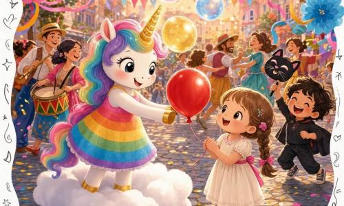 Une petite licorne anthropomorphe nommée Lili, souriante, robe arc‑en‑ciel et corne dorée, perchée sur un nuage et soufflant des bulles lumineuses roses, jaunes et bleues ; une fillette aux cheveux tressés, émerveillée, reçoit un ballon rouge que Lili lui tend (premier plan à droite) ; un enfant masqué en chat rit derrière elle ; en arrière‑plan, adultes et enfants dansent en rond avec tambour et flûte ; le tout sur une place de carnaval pavée décorée de fanions, confettis dorés, grandes fleurs en papier, rubans et lanternes au coucher du soleil, ambiance joyeuse, chaleureuse et colorée, style enfantin aux formes rondes.