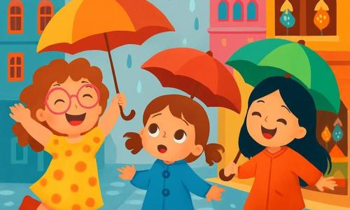 Il y a trois personnages : Zoé, une fille de 7 ans avec des cheveux bouclés et des lunettes roses, portant une robe jaune à pois et sautant de joie sous la pluie ; Lila, une fille de 6 ans avec des cheveux lisses et bruns en couettes, portant un manteau bleu et regardant émerveillée les gouttes d'eau ; et Maya, une fille de 7 ans avec des cheveux longs et noirs, tenant un parapluie vert et faisant des éclaboussures en sautant dans une flaque. Les trois amies sont sous un ciel gris, entourées de maisons colorées typiques d'Istanbul. Elles rient et jouent sous la pluie avec des parapluies colorés, découvrant la magie de la ville.