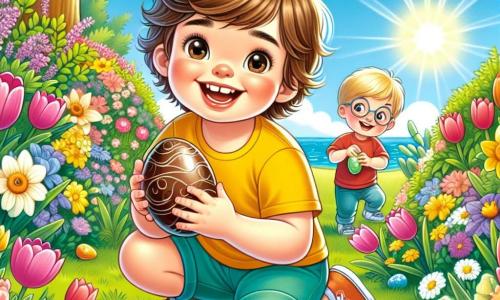 Léo, un petit garçon de 2 ans aux cheveux bruns en bataille et au grand sourire, est accroupi dans un jardin coloré à la recherche d'œufs en chocolat. Il porte un t-shirt jaune vif et un short bleu, ses yeux brillent d'excitation. À côté de lui, Max, un garçon de 3 ans avec des cheveux blonds et des lunettes rondes, tient un œuf en chocolat, les yeux écarquillés de joie. Il est vêtu d'un t-shirt rouge et d'un pantalon vert. Le jardin est rempli de fleurs éclatantes et un grand arbre se dresse au centre. Léo et Max cherchent des œufs de Pâques cachés dans l'herbe, riant et s'amusant dans une atmosphère joyeuse.