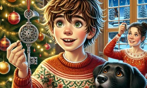 Au centre de l'image, Lucas, un garçon de 11 ans aux cheveux châtains ébouriffés et aux yeux pétillants, se tient devant un sapin de Noël décoré de guirlandes scintillantes et de boules colorées. Il sourit, tenant une clé en métal ornée de motifs, symbole de sa récente aventure magique. À ses côtés, sa mère, d’environ 35 ans avec des cheveux bruns attachés, porte un pull rouge festif et sourit tendrement à Lucas tout en décorant le sapin. Un labrador noir, Max, est près de Lucas, remuant la queue. Le décor est une maison de village chaleureuse avec des murs en bois et une cheminée crépitante, tandis que la neige tombe doucement à l'extérieur. Lucas, émerveillé, est prêt à vivre la magie de Noël avec sa famille dans une ambiance chaleureuse et festive.