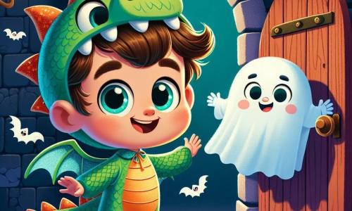 Un petit garçon de 4 ans, Louis, porte un costume de dragon vert avec des ailes scintillantes. Il a des yeux curieux et un grand sourire, prêt à entrer dans une maison hantée. À ses côtés, un petit fantôme nommé Gustave flotte joyeusement, l'encourageant à entrer. La scène se déroule dans une vieille maison avec des murs en pierre, des toiles d'araignées et des chauves-souris en papier. Louis et Gustave sont excités à l'idée de découvrir des bonbons magiques à l'intérieur.
