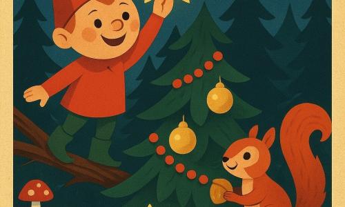 Pipo, petit lutin au visage rond et joufflu, bonnet rouge pointu et bottes vertes brillantes, grimpe sur une branche robuste avec un grand sourire malicieux pour poser une petite étoile lumineuse tout en haut d’un sapin décoré; un écureuil roux, pelage duveteux et yeux ronds, danse sur une branche basse en tenant une noisette dorée et regarde émerveillé, tandis qu’une étoile tombée, petit personnage jaune aux yeux fermés, repose dans la neige proche, le tout dans une forêt de sapins verts foncés, sol poudreux, champignons rouges à chapeaux blancs, guirlandes rouges, ciel bleu profond de crépuscule avec quelques étoiles et une lumière douce qui fait briller la neige et les boules dorées.
