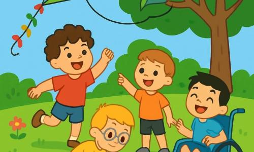 Quatre enfants jouent dans un parc verdoyant. Léo, 7 ans, court avec un cerf-volant coloré. Hugo, 6 ans, dessine sur le sol avec des craies. Max, 7 ans, sourit en pointant le cerf-volant accroché à une branche. Tom, 6 ans, assis dans un fauteuil roulant, rit et encourage ses amis. Le parc est animé avec un grand arbre, des fleurs et un ciel bleu. Les enfants vivent une aventure joyeuse ensemble.