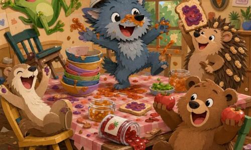 Loupino, petit loup gris-bleu au bol renversé en chapeau et confiture orange sur le museau, est debout au centre de la table, joyeux et maladroit; Clapotis, grenouille verte sautillante, fait un salto sur une chaise à gauche avec de la confiture verte sur les doigts; Pompon, hérisson rond brun aux piquants ornés de cacahuètes, est fier à droite montrant sa tartine; Biscotte, belette beige malicieuse, rit en basculant d’une chaise; Patapouf, ourson potelé brun clair, gourmand, tient une pomme sur chaque patte devant la table; la grande salle à manger chaleureuse, murs décorés de dessins, table bancale, bols empilés et pot de confiture renversé sur un tapis de pique-nique rose: concours de tartines rigolotes, confiture qui gicle, miettes et ambiance joyeuse et chaotique.