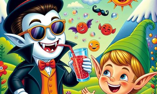 Un vampire joyeux nommé Victor, portant des lunettes de soleil et un chapeau melon, tient un verre de jus de tomate à la paille et rit de tout cœur, entouré de bulles de joie. À ses côtés, Léon le Lutin, un petit garçon aux cheveux verts et aux oreilles pointues, fait une blague, riant avec une main levée. Le décor est la Vallée des Farces, un paysage enchanteur avec des collines colorées et des arbres aux feuilles en forme de plumes, où des fleurs souriantes et des nuages en forme de moustaches ajoutent une touche magique. Ils célèbrent leur découverte de la Perle de Rire, entourés d'animaux rigolos et d'autres créatures joyeuses, dans une atmosphère de fête et de bonheur.
