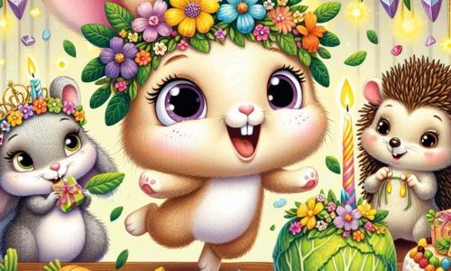 Un petit lapin nommé Benjamin, au pelage beige et doux, porte une couronne de fleurs colorées et affiche un large sourire, sautant de joie lors de sa fête d'anniversaire. À ses côtés, Lila, une petite souris grise aux grandes oreilles, tient un cadeau enroulé dans une feuille de chou, son visage rayonnant d'excitation. Hugo, un hérisson aux piquants bruns, se tient légèrement en retrait avec un sourire malicieux, tenant une couronne de fleurs pour Benjamin. La scène se déroule dans une salle magique du Musée des Merveilles, décorée de trésors scintillants et de guirlandes de fleurs. Benjamin et ses amis dansent et chantent autour d'une table remplie de gâteaux en forme de carottes et de fruits juteux, éclairés par la douce lumière des lucioles.