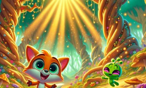 Un petit renard nommé Flambo, avec un pelage orange et des yeux curieux, saute joyeusement dans une forêt magique entourée de fleurs chantantes. Il sourit, émerveillé par la beauté de son environnement. À ses côtés, un extraterrestre vert nommé Zippy flotte légèrement, portant une combinaison colorée et affichant un grand sourire. La scène se déroule dans une forêt enchantée avec de grands arbres aux troncs noueux et des rayons de lumière dorée illuminant le sol. Flambo et Zippy s'amusent ensemble, Flambo essayant d'attraper des bulles colorées créées par Zippy, qui souffle dans une poudre magique. L'atmosphère est remplie de rires et de joie, illustrant une belle amitié intergalactique.