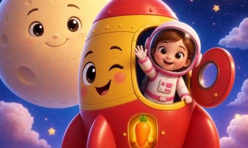 Luna sourit, yeux brillants et joues roses, elle porte une combinaison spatiale blanche et rose et agite la main depuis la porte ouverte de la petite fusée Zaza, un personnage rond rouge et jaune au grand visage amical, qui cligne des yeux et tient une petite carotte lumineuse; Zaza est juste devant une lune crème, ronde et tachetée, à gauche en arrière-plan, très proche, le tout sur un fond dégradé bleu nuit-violet parsemé d'étoiles scintillantes et de nuages lumineux flous, ambiance câline, calme et sûre, style lumineux aux textures douces, formes arrondies, palette pastel contrastée, éclairage chaleureux, ombres douces, composition centrée sans texte.