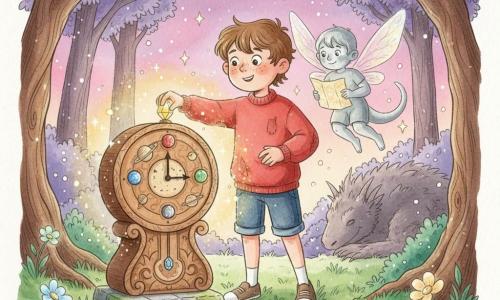 Lucas, garçon de 10 ans au visage rond, taches de rousseur et cheveux châtain en bataille, regarde déterminé et émerveillé en tendant la main pour poser le dernier des quatre cristaux colorés dans une vieille horloge ornée d’étoiles ; il porte un pull rouge usé et un short en jean. Luma, petit être ailé masculin à la peau argentée et aux ailes translucides scintillantes, flotte juste derrière lui à droite avec un sourire bienveillant en tenant une carte lumineuse. En arrière-plan flou se devine la silhouette massive et poilue d’une créature du royaume. La scène se déroule dans une clairière enchantée d’herbe verte parsemée de fleurs phosphorescentes, cerclée d’arbres au feuillage violet sous un ciel crépusculaire violet et rose étoilé. L’horloge en bois sculpté de motifs planétaires a un cadran aux aiguilles inversées, un socle de pierre moussu et quatre emplacements où brillent un cristal bleu, rouge, vert et jaune ; au moment solennel où le cristal est inséré, une douce aura dorée s’élève avec étincelles et particules d’étoiles, créant une atmosphère d’émerveillement et de retour imminent chez lui.