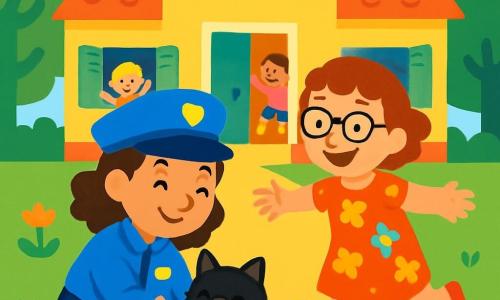 Une policière souriante, Lila, aux cheveux bruns et bouclés, porte une chemise bleue et un chapeau assorti. Elle s'accroupit pour caresser un petit chat noir, visiblement soulagé. Une dame d'âge moyen, en lunettes et robe florale, court vers elle, bras ouverts, prête à récupérer son chat, avec un grand sourire de gratitude. La scène se déroule devant une école colorée, où des enfants jouent, entourée d'arbres verts et de fleurs. Lila aide le chat à retrouver sa propriétaire, créant un moment de bonheur en ce bel après-midi ensoleillé.