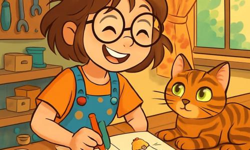 Zoé, une jeune femme souriante avec des lunettes rondes et des cheveux châtains en désordre, est assise à une table en bois dans son atelier. Elle porte une salopette à pois colorés et dessine des idées d'inventions dans un carnet avec des crayons multicolores, son visage rayonnant d'excitation. À côté, Biscotte, un chat tigré aux yeux verts, observe attentivement Zoé. L'atelier est rempli de bric-à-brac : boîtes à musique, fils colorés, boutons et outils, le tout sous une lumière douce filtrée par une fenêtre avec des rideaux à fleurs. Zoé bricole une alarme douce, entourée de ses inventions, créant une ambiance joyeuse et imaginative.