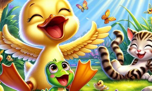 Doudou le canard, un canard jaune souriant, fait des bruits drôles avec ses ailes écartées. À côté, Lili la grenouille, une petite grenouille verte, saute en riant, prête à danser. Max le chat, un chat tigré, est assis sur l'herbe, riant avec sa queue enroulée autour de ses pattes. Ils se trouvent dans un jardin coloré, rempli de fleurs, de papillons et d'un étang scintillant. Doudou, Lili et Max jouent ensemble, entourés de rires et de joie, dans une ambiance festive.