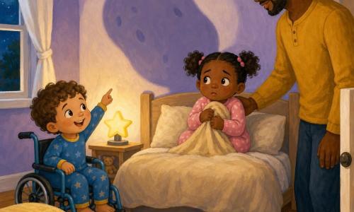 Trois personnages dans une chambre d'enfant chaleureuse aux murs lavande : Léo, garçon de 2 ans aux cheveux courts et bouclés, en petit fauteuil roulant bleu clair assis au pied du lit à gauche, rit et pointe une grande ombre arrondie sur le mur ; Maya, fille de 2 ans en pyjama rose et couettes, assise au centre du lit, serre un doudou beige et regarde l'ombre avec inquiétude ; Papa, homme adulte à la barbe courte et chemise moutarde, est debout près de la porte à droite, la main sur l'épaule de Maya pour la rassurer. Une veilleuse en forme d'étoile et la lune projettent une ombre douce qui ressemble à une 