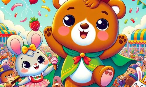 Petit Ours, un ourson mignon au pelage brun et aux yeux pétillants, porte un chapeau rouge à pois jaunes et une cape verte. Il saute de bonheur au milieu de la foule, souriant en cherchant ses amis. Lapinou, un petit lapin blanc aux grandes oreilles, est assis sur un banc avec une glace à la fraise, tandis que Souricette, une souris grise avec un nœud rose, danse autour de lui en riant. Le carnaval se déroule dans un village coloré avec des décorations festives, des ballons multicolores et des musiciens joyeux. La scène montre Petit Ours cherchant ses amis dans une foule animée, entouré de confettis tombant comme des flocons de neige colorés.