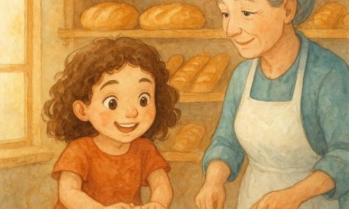 Mina, une petite fille aux cheveux bruns bouclés et aux yeux pétillants, sourit en pétrissant une boule de pâte, ses joues poudrées de farine. À ses côtés, Rose, la boulangère d'une cinquantaine d'années aux cheveux gris en chignon, l'observe avec bienveillance. Elle porte un tablier blanc et tient un couteau pour inciser le pain. Elles sont dans une boulangerie chaleureuse avec des étagères en bois remplies de pains dorés et une table de travail en bois couverte de farine. Ensemble, elles préparent du pain dans une ambiance douce et lumineuse, éclairée par la lumière du matin passant par une grande fenêtre.
