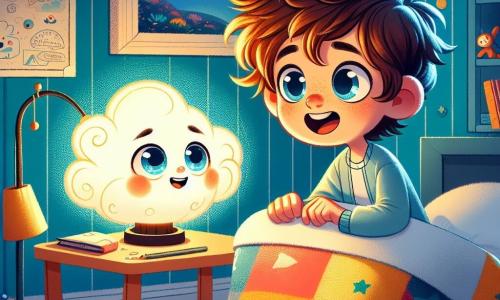 Max, un petit garçon de dix ans aux cheveux bruns en bataille et aux yeux pétillants, est allongé dans son lit entouré de couvertures colorées. Il sourit, ses joues légèrement rosies par l'excitation, écoutant Luma, sa lampe de chevet en forme de nuage qui brille doucement à ses côtés. Luma, avec son abat-jour nuageux, émet une lumière douce et dorée, affichant une expression amicale comme si elle racontait une histoire magique. La chambre de Max, cosy avec des murs bleu ciel et décorée de posters d'étoiles, crée une ambiance chaleureuse. Max écoute avec fascination Luma lui narrer une histoire sur un royaume magique, tandis que la douce obscurité de la nuit enveloppe la pièce, pleine de mystère et d'aventure.