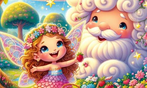 Une petite fée nommée Lila, avec des ailes scintillantes et une robe en pétales de fleurs, sourit en tenant un panier de fraises et de gâteaux en forme d'étoiles. À côté d'elle, Monsieur Nuage, un personnage doux, la regarde avec des yeux pétillants de bonheur, prêt à l'enlacer. Le décor est un jardin enchanté avec des fleurs colorées et un ciel bleu éclatant. La scène montre Lila et Monsieur Nuage préparant un pique-nique sous un arbre aux fleurs roses, illustrant leur amour et la fête des pères.