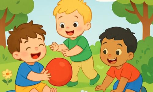 Il y a trois petits garçons : Léo, 2 ans, avec des cheveux bruns en désordre, un t-shirt bleu et un short jaune, assis sur l'herbe, riant et tenant un ballon rouge ; Max, 2 ans, avec des cheveux blonds, un t-shirt vert et un pantalon beige, debout à côté de Léo, poussant le ballon ; et Tom, 2 ans, avec des cheveux noirs, un t-shirt rouge et des shorts bleus, accroupi près d'un buisson, prêt à attraper le ballon. Ils jouent dans un jardin ensoleillé, entourés de fleurs colorées, d'herbe verte et d'arbres, sous un ciel bleu clair. La scène illustre la joie de l'amitié et du jeu.
