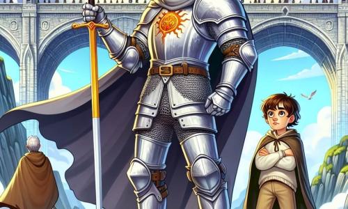Un chevalier déterminé, en armure brillante et manteau gris, se tient sur le Grand Pont de pierre, scrutant l'horizon avec sa lance ornée d'un symbole mystérieux. À ses côtés, un jeune garçon admiratif le regarde, tandis qu'un homme robuste, Maître Isarn, se tient derrière lui, affichant fierté et respect. Le pont majestueux s'étend au-dessus d'un fleuve argenté, entouré de falaises verdoyantes, sous un ciel bleu clair où volent des oiseaux. Le chevalier est prêt à défendre la ville de Val-Roc et à retrouver l'Aiguille d'Aube volée, tandis que le vent soulève les drapeaux accrochés aux arches du pont.
