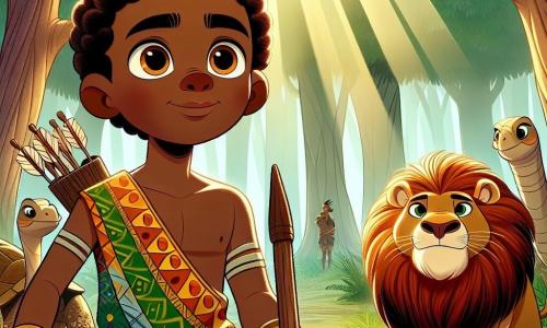 Au centre de l'image, Kwame, un jeune homme africain d'environ 20 ans, se tient avec détermination. Il a la peau brune, des cheveux crépus et des yeux pétillants. Il porte une tunique colorée en peaux d'animaux, ornée de motifs traditionnels, et tient un arc en bois. À côté de lui, un lion majestueux avec une crinière flamboyante l'observe avec curiosité. En arrière-plan, une tortue sage, âgée, observe la scène. Le décor est la Forêt Sacrée, avec de grands arbres et des rayons de soleil créant des motifs lumineux. Kwame raconte une histoire amusante pour prouver son courage, le lion rit tandis que la tortue sourit, attendant de voir comment Kwame surmontera cette épreuve. L'atmosphère est magique, pleine de tension, de joie et de découverte.