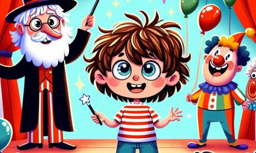Léo, un garçon de 7 ans aux cheveux bruns en bataille et aux yeux curieux, se tient au centre de la scène avec un grand sourire. Il porte un t-shirt rouge à rayures blanches et un short bleu, tenant une baguette magique miniature et un bouquet de ballons colorés. À ses côtés, Merlin, un magicien de 40 ans avec une longue barbe blanche, lui montre un tour de magie. Un clown joyeux jongle avec des quilles multicolores derrière Léo. Le décor est un chapiteau de cirque rayé de rouge et de blanc, rempli de lumières et de spectateurs émerveillés, tandis qu'un éléphant danse au fond. L'ensemble crée une atmosphère festive et magique.