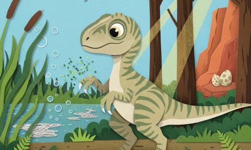 Riko, un jeune vélociraptor curieux au plumage rayé beige et vert, est au centre, sur deux pattes, une griffe touchant une poussière verte étincelante qui flotte en particules lumineuses autour de sa patte; au-dessus, deux ptéranodons stylisés planent dans un ciel bleu clair; à gauche s'étend un marais aux roseaux avec bulles et reflets argentés, au centre-droite une forêt sombre aux troncs épais et grandes feuilles filtrant une lumière dorée, et au loin à droite des falaises rouges avec silhouettes d’œufs fossiles; le sol est tapissé de mousse et de hautes fougères; la scène montre Riko hésitant au croisement de trois chemins, dans une atmosphère d’émerveillement et d’aventure.