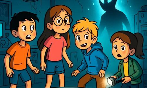 Quatre enfants se tiennent dans un laboratoire abandonné. Lucie, 10 ans, a de longs cheveux bruns et des lunettes rondes, portant un t-shirt rose et un short en jean. Hugo, 11 ans, avec des cheveux blonds en bataille, est en sweat à capuche bleu et pantalons cargo, prêt à s'approcher. Clara, 10 ans, a des cheveux châtains en queue de cheval, vêtue d'une veste verte et d'un pantalon noir, tenant une lampe de poche. Max, 10 ans, avec des cheveux noirs et des taches de rousseur, porte un t-shirt orange et des baskets, observant avec émerveillement. Le laboratoire est rempli de toiles d'araignées, de machines poussiéreuses et d'une grande table d'instruments étranges. Une lueur bleue émane d'un bassin, illuminant les enfants. Ils font face à une silhouette indistincte émergeant du bassin, fascinés et un peu effrayés.