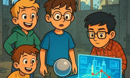 Quatre enfants se trouvent dans une vieille usine abandonnée. Axel, 12 ans, a des cheveux bruns en bataille et des lunettes rondes, vêtu d'un t-shirt bleu et d'un short cargo, il observe avec curiosité une sphère argentée sur une table lumineuse. Léo, également 12 ans, a des cheveux blonds et porte un sweat à capuche vert et un jean, il se tient à gauche d'Axel, souriant d'excitation. Tim, avec des cheveux noirs et des lunettes rectangulaires, porte une chemise à carreaux rouge et un pantalon noir, penché sur la table à droite d'Axel, il scrute les hologrammes projetés. Max, avec des cheveux châtains et des taches de rousseur, est derrière Axel, habillé d'un t-shirt jaune et d'un short, les yeux écarquillés, tenant un petit outil. La salle est éclairée par des hologrammes colorés et une sphère argentée, affichant une carte holographique de leur ville, Néoterra, avec des points rouges clignotants pour un parcours à suivre. Les enfants, fascinés, sont prêts pour une nouvelle aventure.
