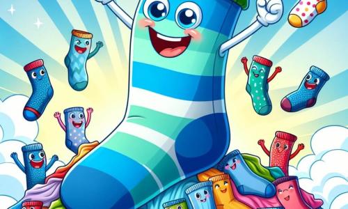 Monsieur Chaussettes, une chaussette rayée de bleu et de vert avec un grand sourire, se tient au sommet d'une montagne de linge coloré, les bras levés en signe de victoire. À ses côtés, un groupe de chaussettes amies, dont une chaussette à pois rouges qui danse et une chaussette en velours bleu qui applaudit, expriment leur admiration. Le décor est une montagne de chaussettes multicolores, avec des nuages doux et un ciel bleu éclatant. Monsieur Chaussettes et ses amis célèbrent leur victoire après avoir atteint le sommet de la Montagne de Linge, entourés de chaussettes flottantes dansant joyeusement.