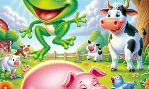 Une grenouille joyeuse nommée Fredo, avec une peau verte brillante et des yeux pétillants, saute sur le dos d'un cochon rose qui ronfle, les pattes en l'air. À côté, une vache blanche avec des taches noires, souriante, regarde la scène amusée, debout dans un champ verdoyant. Le cochon, aux oreilles tombantes et au ventre rond, est allongé sur l'herbe, surpris mais heureux. Le lieu est une ferme ensoleillée, entourée de fleurs colorées et d’arbres fruitiers, avec une grange rouge en arrière-plan. Fredo cherche à atteindre le grand chapeau de la vache, tandis que le cochon rit de la situation.