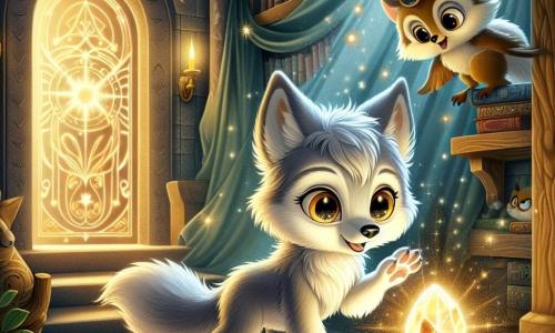 Un petit loup nommé Luni, avec un pelage argenté et des yeux brillants, se tient au centre d'une pièce secrète, émerveillé. Il touche une pierre magique qui illumine son visage d'une douce lumière dorée. À côté, un écureuil malicieux grimpe sur une étagère en bois, admirant Luni. Un hibou sage, perché sur une vieille bibliothèque, observe la scène avec bienveillance. La pièce est décorée de symboles mystérieux, d'étagères remplies de livres anciens et de lumières scintillantes. Au fond, une porte ancienne laisse entrevoir une lumière éclatante. Luni vient de faire un vœu en touchant la pierre, symbolisant le bonheur et l'amitié à venir dans la métropole.