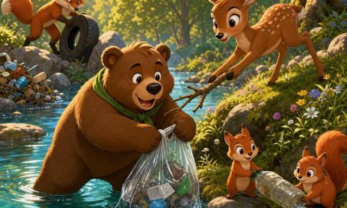 Boris, un jeune ours brun pelucheux aux yeux expressifs et petite écharpe verte, tire un sac plastique hors d’une rivière turquoise tandis que Lila, une petite biche tachetée, lui tend une branche; deux écureuils roux transportent une bouteille et un morceau de plastique, un renard pousse un pneu coincé, et tous forment une chaîne joyeuse de nettoyage sur des rives mousseuses fleuries où l’eau redevient limpide, les poissons réapparaissent et la lumière chaude de fin d’après-midi crée des ombres nettes en cel-shading.
