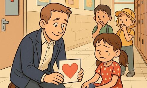 Un instituteur agenouillé, souriant mais inquiet, examine la jambe d’un garçon blessé tandis qu’une fillette tend un dessin en cœur et que deux autres enfants regardent, étonnés mais rassurés, dans le couloir de l’école avec carrelage clair, affiches, casiers et une porte d’infirmerie à croix rouge ; scène de soin et de solidarité, lumière douce, couleurs chaudes et style bande dessinée clair et lisible pour les enfants.