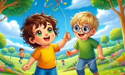 Lucas, un petit garçon de 4 ans aux cheveux bruns en désordre et aux yeux curieux, se tient dans un parc verdoyant. Il porte un t-shirt jaune et un short bleu, souriant en tenant une corde de cerf-volant. À ses côtés, Tom, 5 ans, aux cheveux blonds et lunettes rondes, lui montre comment faire voler le cerf-volant. Le parc est animé, avec des fleurs colorées et des enfants jouant au loin, sous un ciel bleu parsemé de nuages. Lucas, d'abord hésitant, gagne en confiance en tirant sur la corde du cerf-volant qui s'élève dans le ciel, symbolisant son plaisir à jouer avec un nouvel ami.