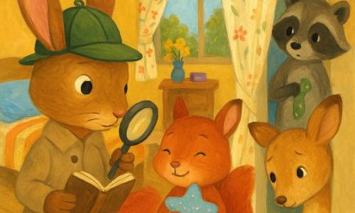 Noisette, jeune lapin détective calme coiffé d’un chapeau de feutre vert, tient une loupe et un carnet en écartant un rideau pour découvrir Fanfan, petit chevreuil beige tacheté, timide et caché avec un doudou étoile bleu pâle ; Lili, petite écureuil rousse, soulagée, se tient à côté en serrant le doudou, et Momo le raton-laveur apparaît surpris à la porte avec un ruban vert à pois blancs dans la poche ; la scène se déroule dans une chambre d’ami lumineuse (lit à couverture rayée et oreiller bleu, tapis rond rouge, fenêtre à rideau fleuri, petite table avec vase de fleurs jaunes, étagère avec boîte de jeux) dans une atmosphère rassurante et colorée, textures gouache, coups de pinceau doux et contours légèrement flous.
