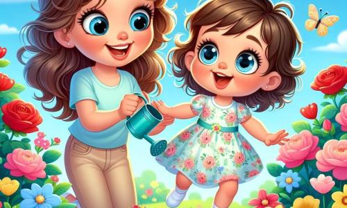 Une petite fille de 2 ans, Lina, danse joyeusement dans un jardin coloré, souriante, avec une robe à fleurs et un arrosoir à la main. Sa maman, une femme d'une trentaine d'années, l'encourage en lui montrant une petite graine. Le jardin est rempli de fleurs éclatantes sous un ciel bleu clair, avec des papillons volant autour. Elles préparent le jardin pour planter une graine, pleines d'excitation et de joie.