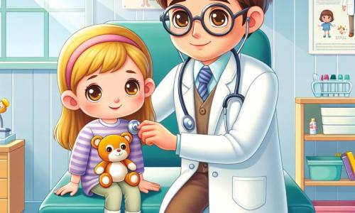 Le Docteur Camille, un homme d'une trentaine d'années avec des cheveux bruns et des lunettes rondes, porte un manteau blanc et un stéthoscope. Il examine Sophie, une petite fille de six ans aux longs cheveux blonds, qui semble un peu fatiguée. Assise sur la table d'examen, elle tient un jouet en peluche. La clinique est lumineuse et accueillante, avec des murs aux couleurs douces et des jouets au sol. Le Docteur Camille rassure Sophie, créant une atmosphère chaleureuse et bienveillante.
