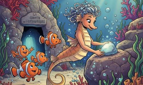 Ondine, hippocampe femelle déterminée et souriante, crinière de perles et queue dorée, pose une pierre scintillante sur un grand rocher en nageant de profil; un petit poisson-clown orange et blanc la suit, inquiet mais soulagé, tandis qu'à gauche une famille de poissons-clowns joyeuse agite ses nageoires; des lucioles de mer bioluminescentes bleu-vert flottent, des bulles remontent vers la surface et de petits poissons curieux forment un semi-cercle; en arrière-plan, un labyrinthe de coraux rouges, violets et jaunes et des algues vertes entourent l'entrée sombre de la « grotte des murmures », dont l'intérieur est éclairé par la pierre, quelques rayons de soleil filtrant en haut à droite; style graphique clair et chaleureux, lignes nettes, couleurs vives, composition centrée sur Ondine pour transmettre calme et courage.